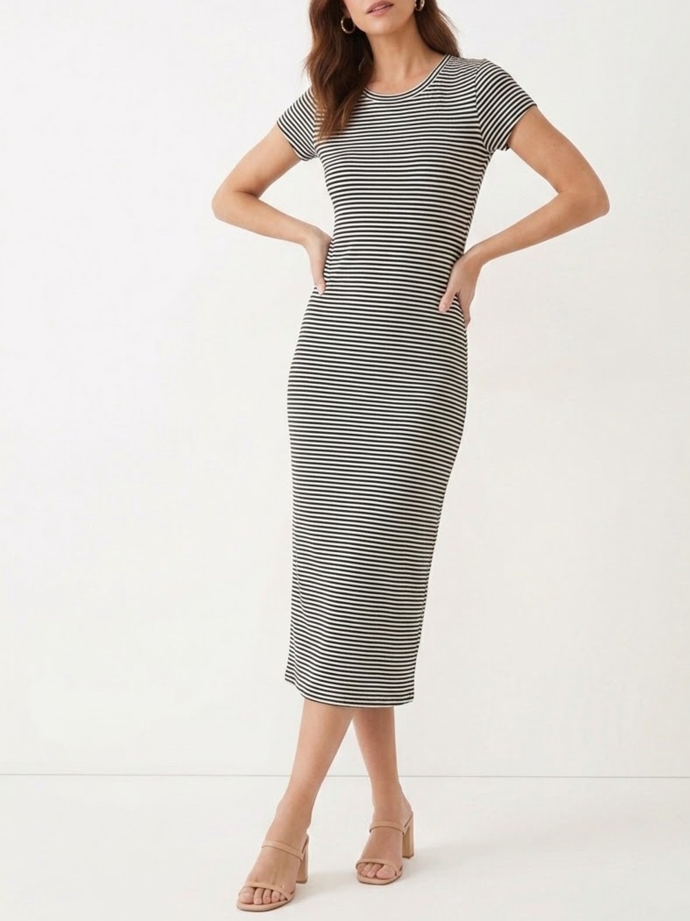 Derek Heart Black and White Striped Short-Sleeve Midi Dress